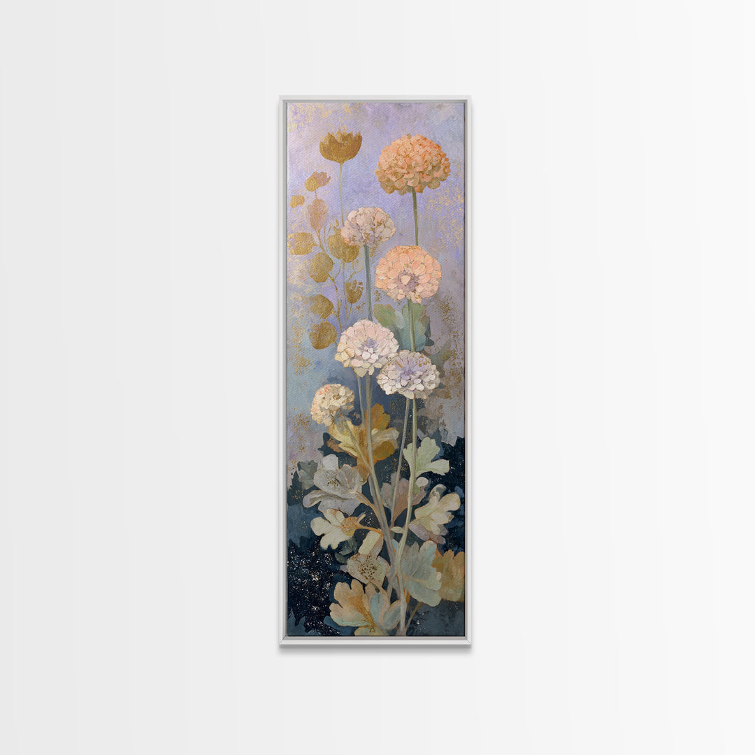 Night Garden with Pale Flowers and Stars Framed Canvas Print, Master Bedroom, Vinyl Wall Decal, Bedroom Decor, Watercolor Art, MAS-1x3-83
