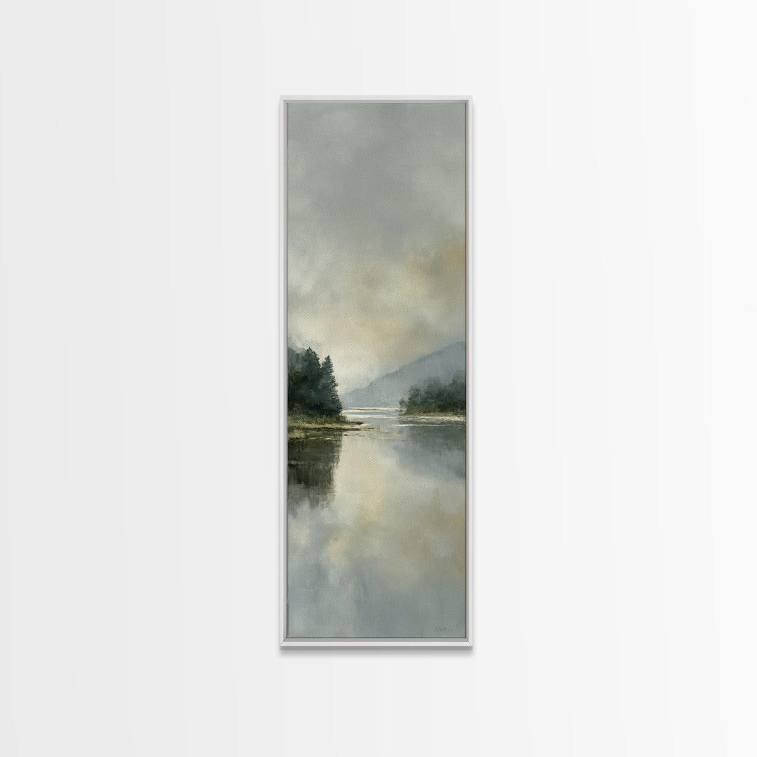 Serene Lake with Pale Morning Reflection Framed Canvas Print, Master Bedroom, Boho Decor, Bedroom Decor, Fine Art, Sanctuary, MAS-1x3-91