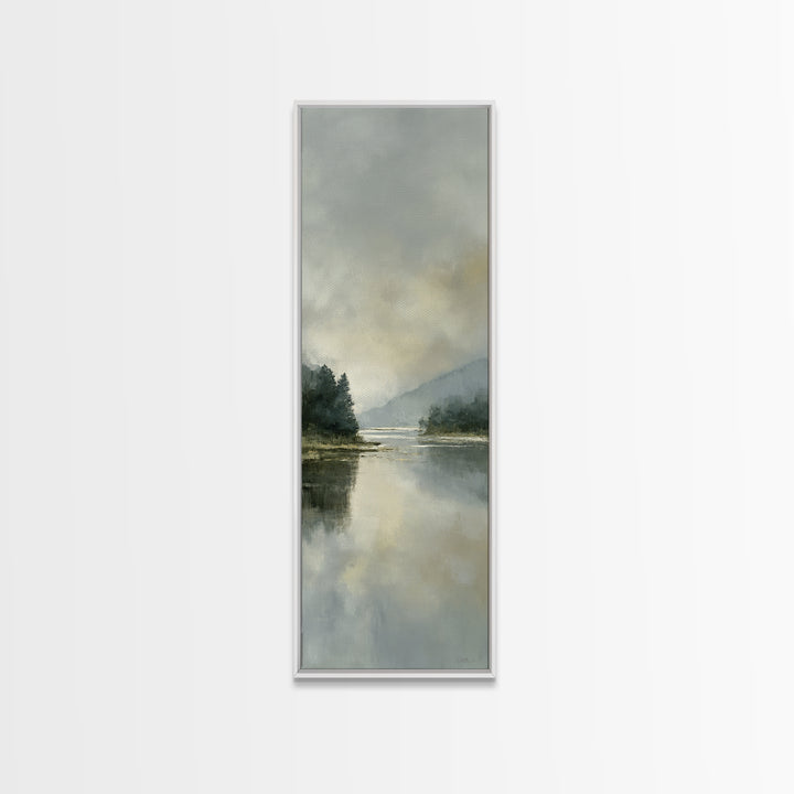 Serene Lake with Pale Morning Reflection Framed Canvas Print, Master Bedroom, Boho Decor, Bedroom Decor, Fine Art, Sanctuary, MAS-1x3-91