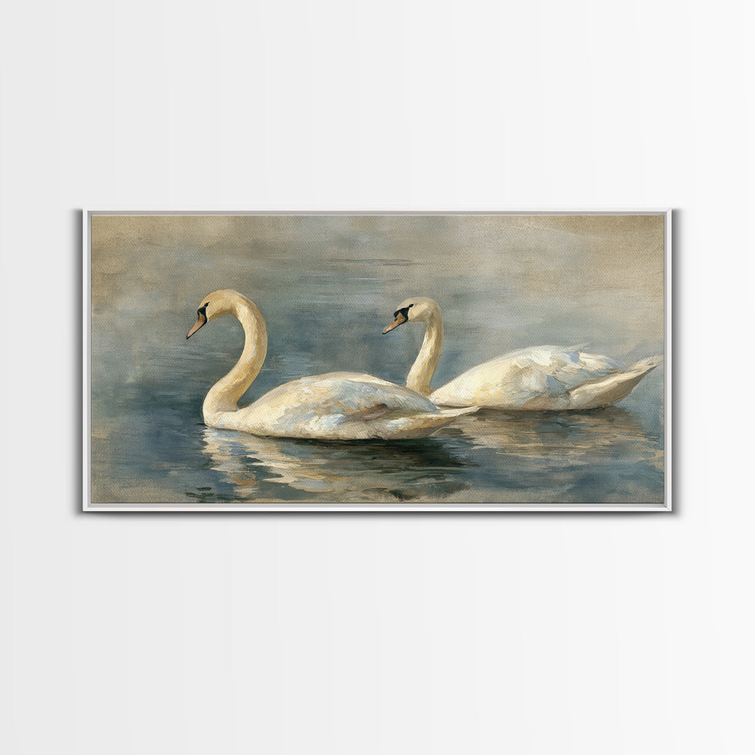 Romantic Swan Pair on Dark Water Framed Canvas Print, Master Bedroom, Living Room Prints, Bedroom Decor, Fine Art, Sanctuary, MAS-2x1-11