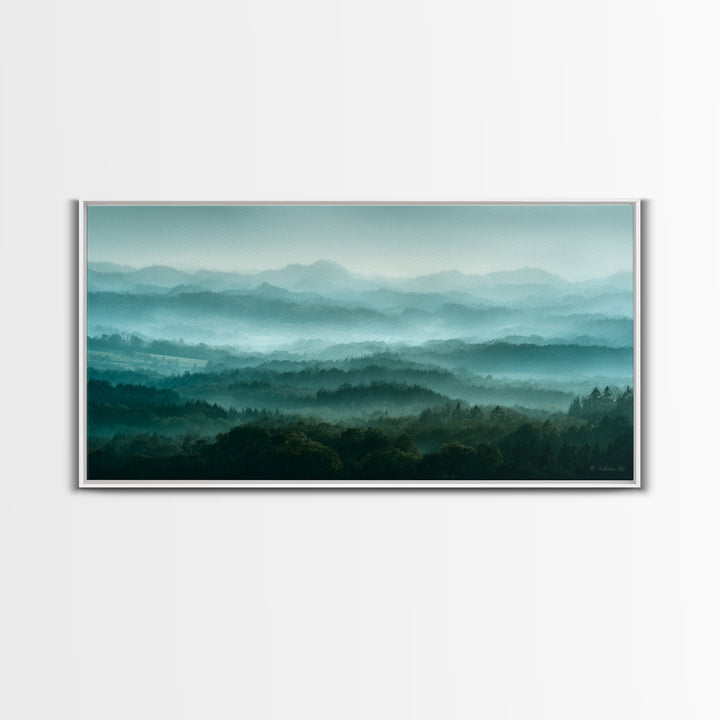 Calm Misty Forest Panorama Framed Canvas Print, Master Bedroom, Minimalist Decor, Bedroom Decor, Oil Painting, Sanctuary, MAS-2x1-24