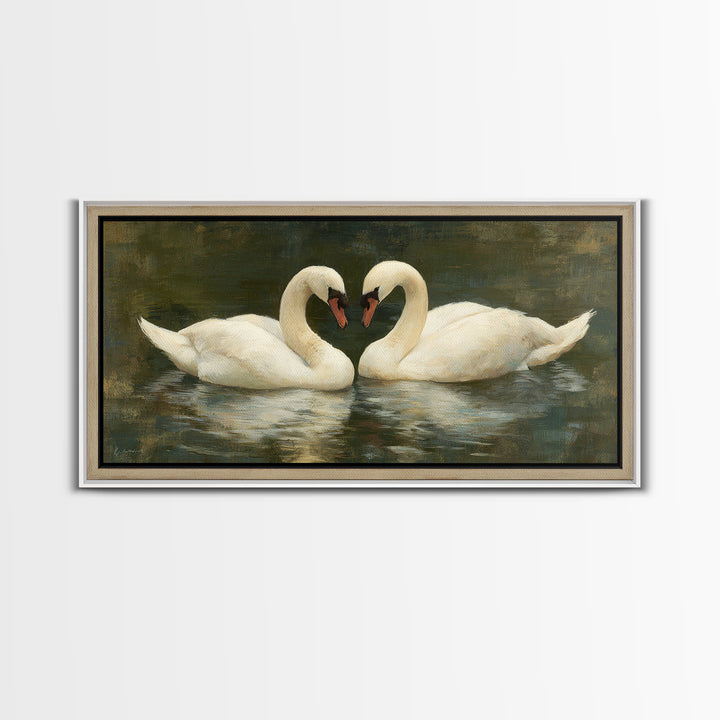 Romantic Swan Pair on Dark Water Framed Canvas Print, Master Bedroom, Wall Art, Bedroom Decor, Oil Painting, Sanctuary, MAS-2x1-35