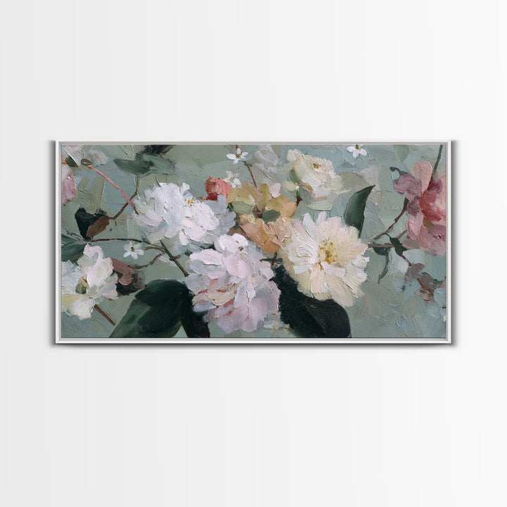 Night Garden with Pale Flowers and Stars Framed Canvas Print, Master Bedroom, Bedroom Decor, Oil Painting, Sanctuary, MAS-2x1-43
