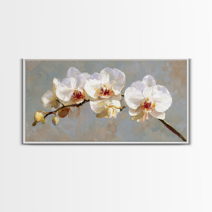 White Orchids Against Warm Gray Background Canvas Print, Master Bedroom, Farmhouse Wall Decor, Bedroom Decor, Oil Painting, MAS-2x1-53