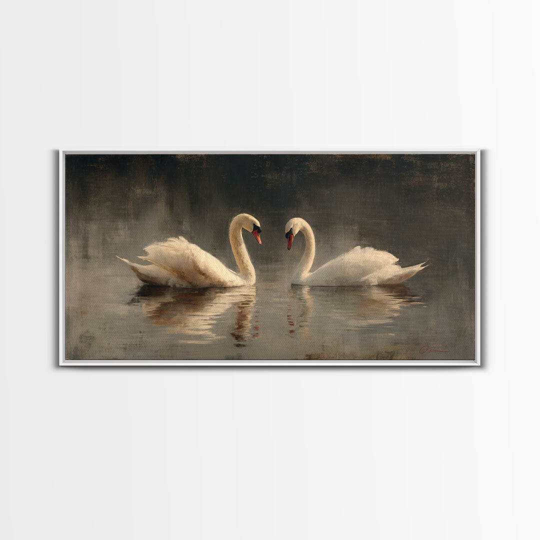 Romantic Swan Pair on Dark Water Framed Canvas Print, Master Bedroom, Bedroom, Bedroom Decor, Watercolor Art, Sanctuary, MAS-2x1-59