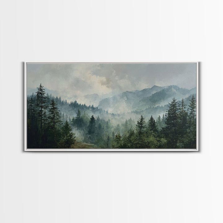Calm Misty Forest Panorama Framed Canvas Print, Master Bedroom, Printable Art, Bedroom Decor, Sanctuary, Wall Art Bedroom, MAS-2x1-72