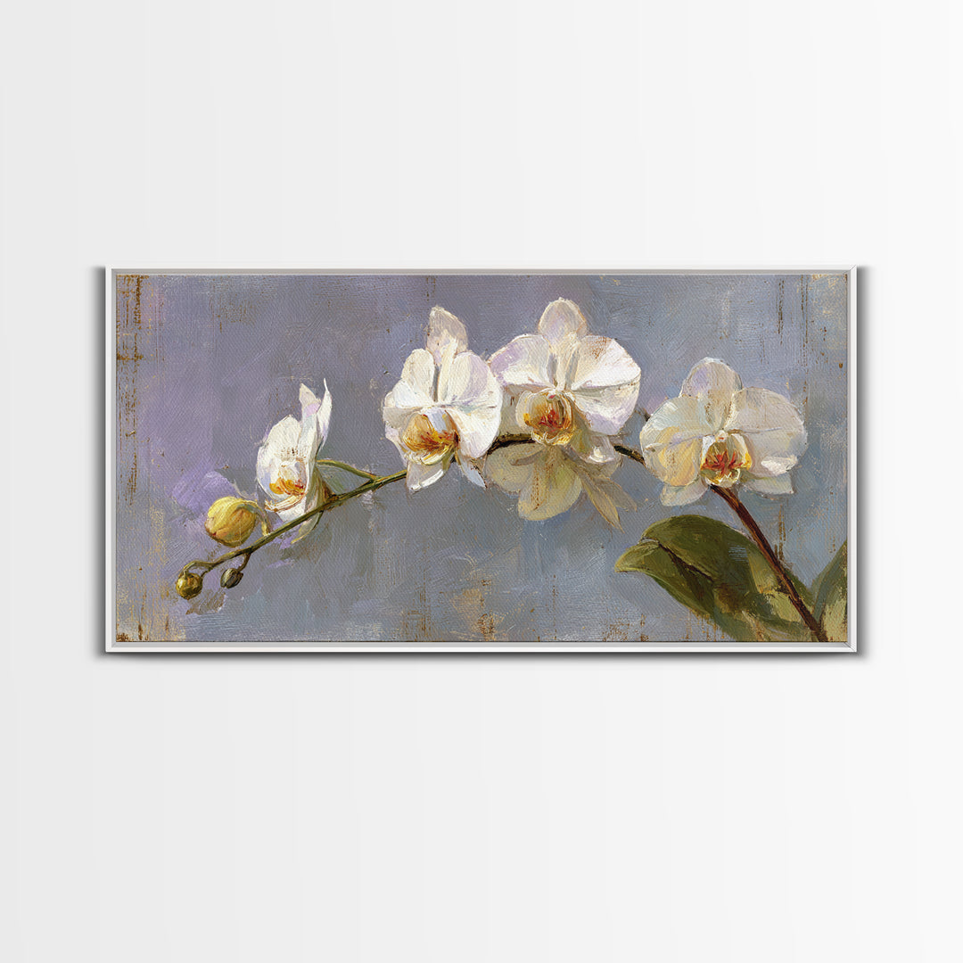 White Orchids Against Warm Gray Background Canvas Print, Master Bedroom, Farmhouse Wall Decor, Bedroom Decor, Oil Painting, MAS-2x1-77