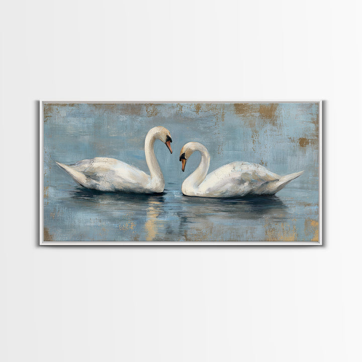 Romantic Swan Pair on Dark Water Framed Canvas Print, Master Bedroom, Art Print, Bedroom Decor, Sanctuary, Above Bed Decor, MAS-2x1-83