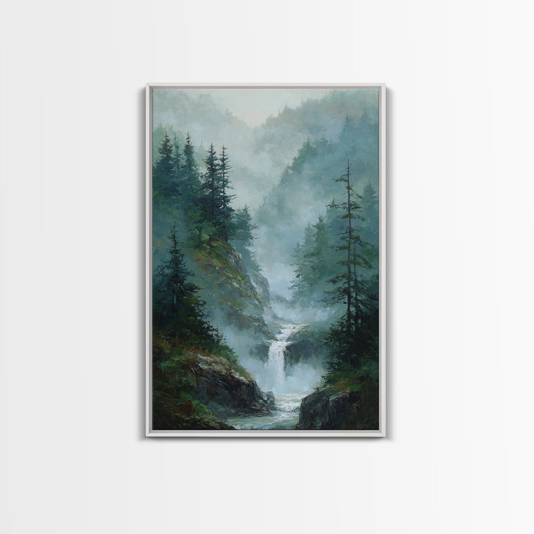 Peaceful Waterfall in Misty Green Forest Framed Canvas Print, Master Bedroom, Room Decor, Bedroom Decor, Fine Art, Sanctuary, MAS-2x3-3