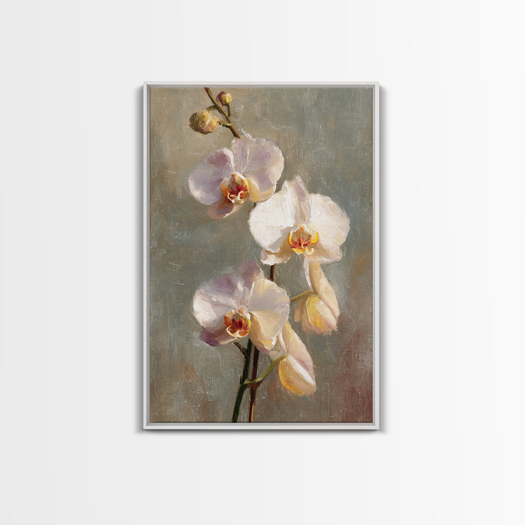 White Orchids Against Warm Gray Background Framed Canvas Print, Master Bedroom, Canvas Print, Bedroom Decor, Abstract Art, MAS-2x3-41
