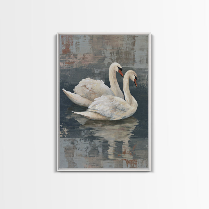 Romantic Swan Pair on Dark Water Framed Canvas Print, Master Bedroom, Canvas Print, Bedroom Decor, Abstract Art, Sanctuary, MAS-2x3-47