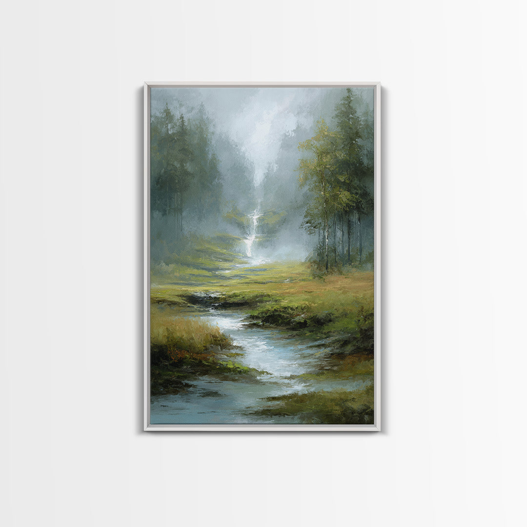 Peaceful Waterfall in Misty Green Forest Framed Canvas Print, Master Bedroom, Wedding Decor, Bedroom Decor, Fine Art, Sanctuary, MAS-2x3-51