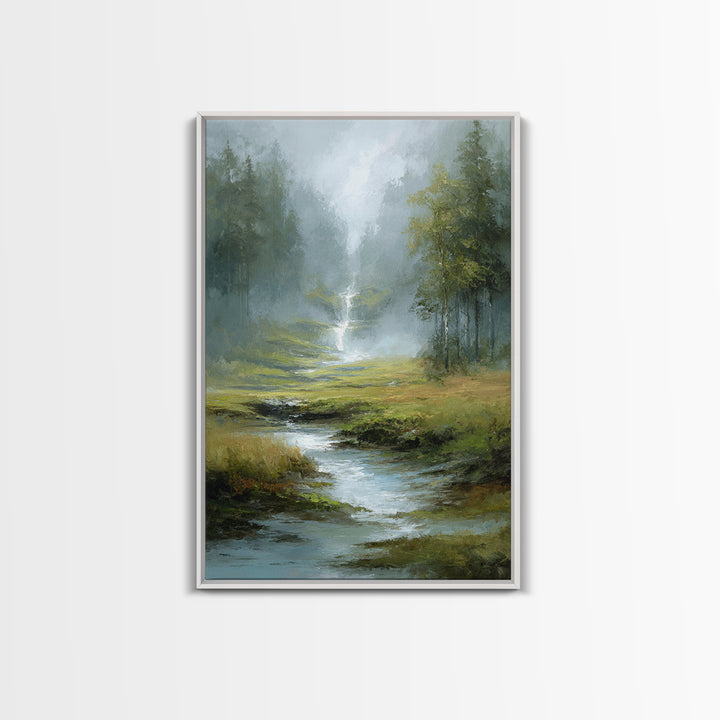 Peaceful Waterfall in Misty Green Forest Framed Canvas Print, Master Bedroom, Wedding Decor, Bedroom Decor, Fine Art, Sanctuary, MAS-2x3-51