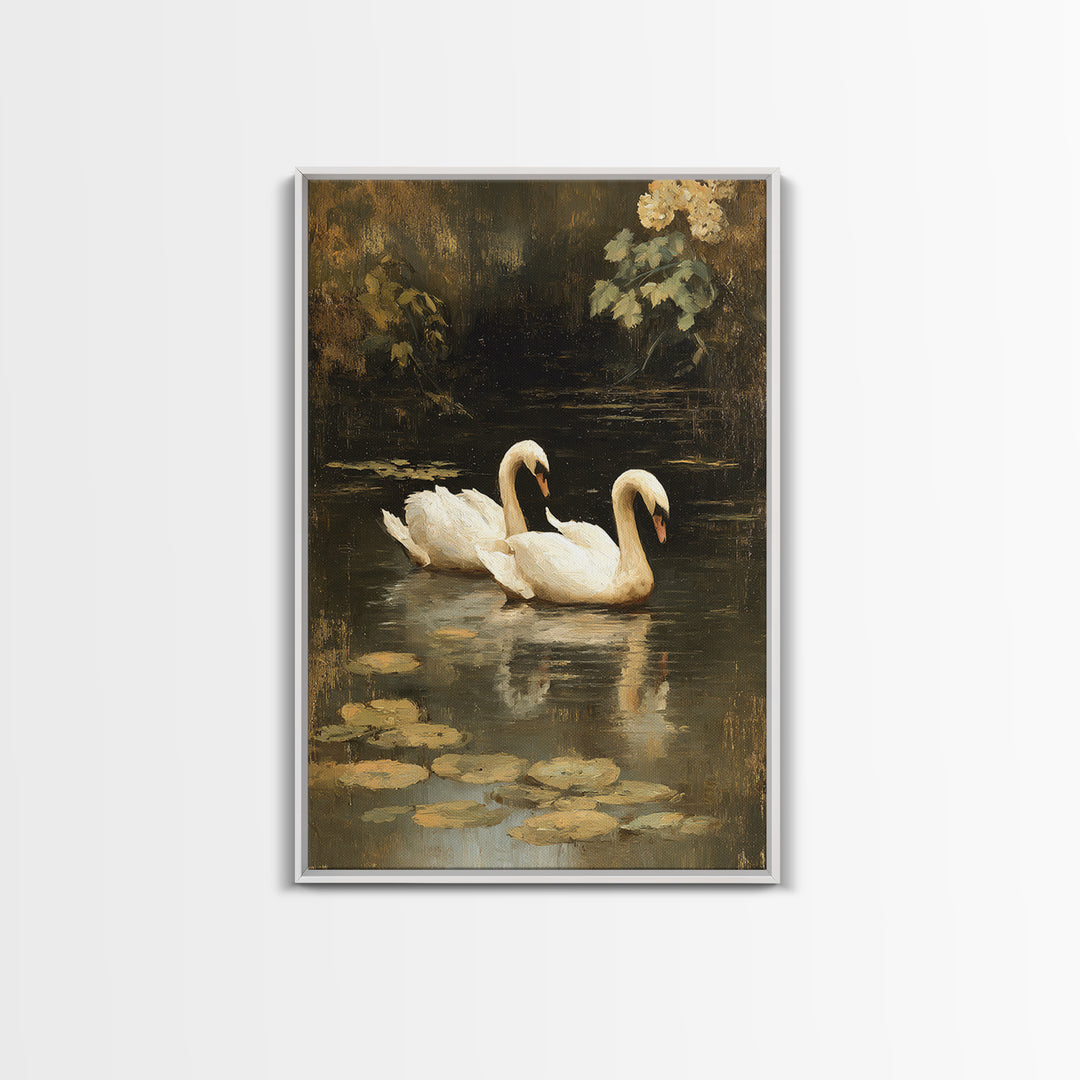 Romantic Swan Pair on Dark Water Canvas Print, Master Bedroom, Over Bed Wall Art, Bedroom Decor, Oil Painting, Sanctuary, MAS-2x3-95