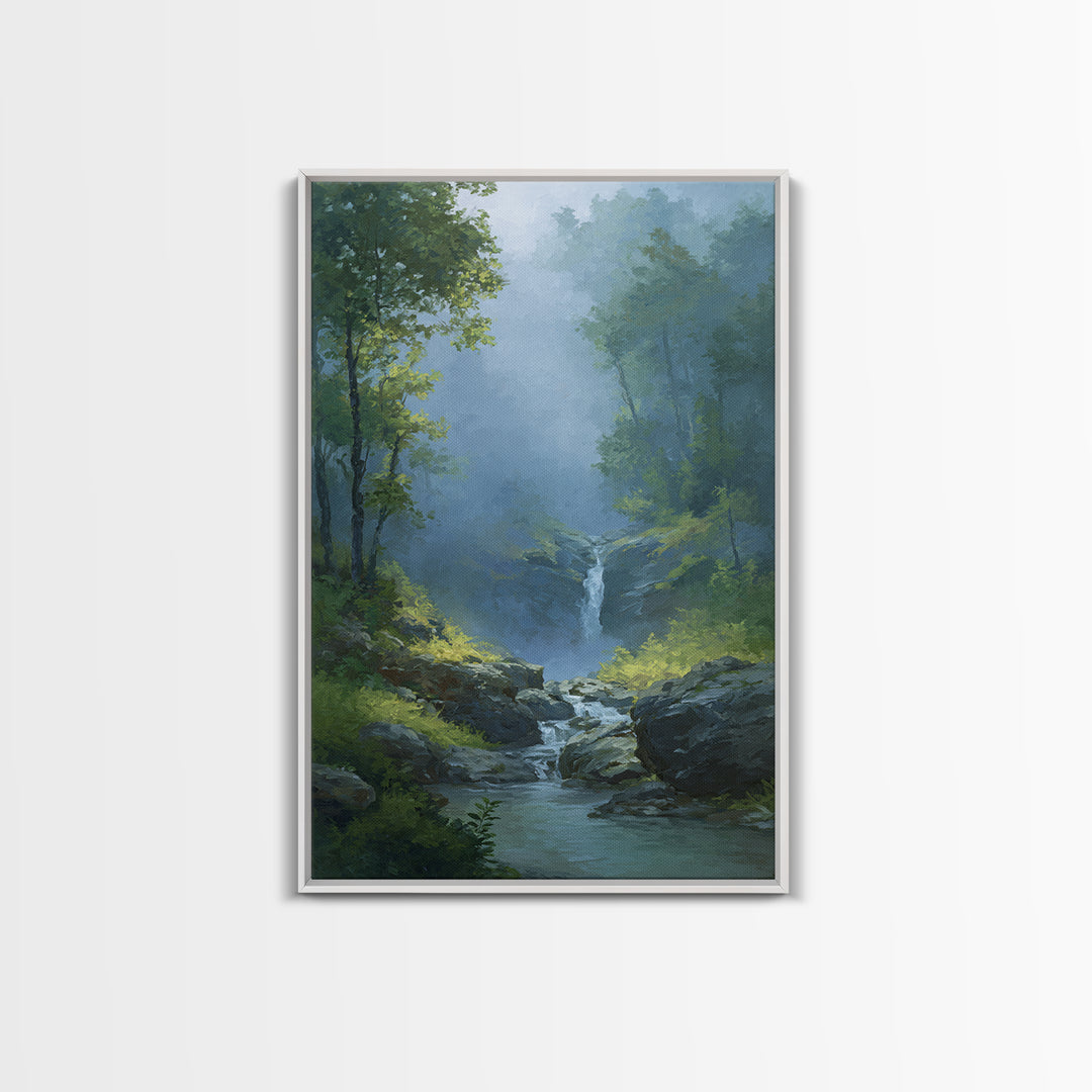 Peaceful Waterfall in Misty Green Forest Canvas Print, Master Bedroom, Above Bed Wall Art, Bedroom Decor, Fine Art, Sanctuary, MAS-2x3-99