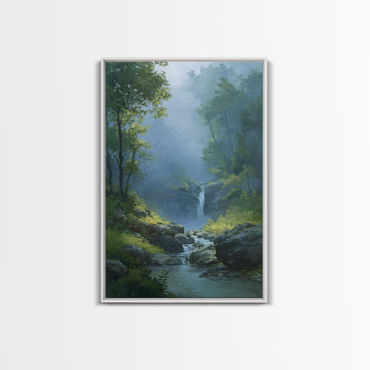 Peaceful Waterfall in Misty Green Forest Canvas Print, Master Bedroom, Above Bed Wall Art, Bedroom Decor, Fine Art, Sanctuary, MAS-2x3-99