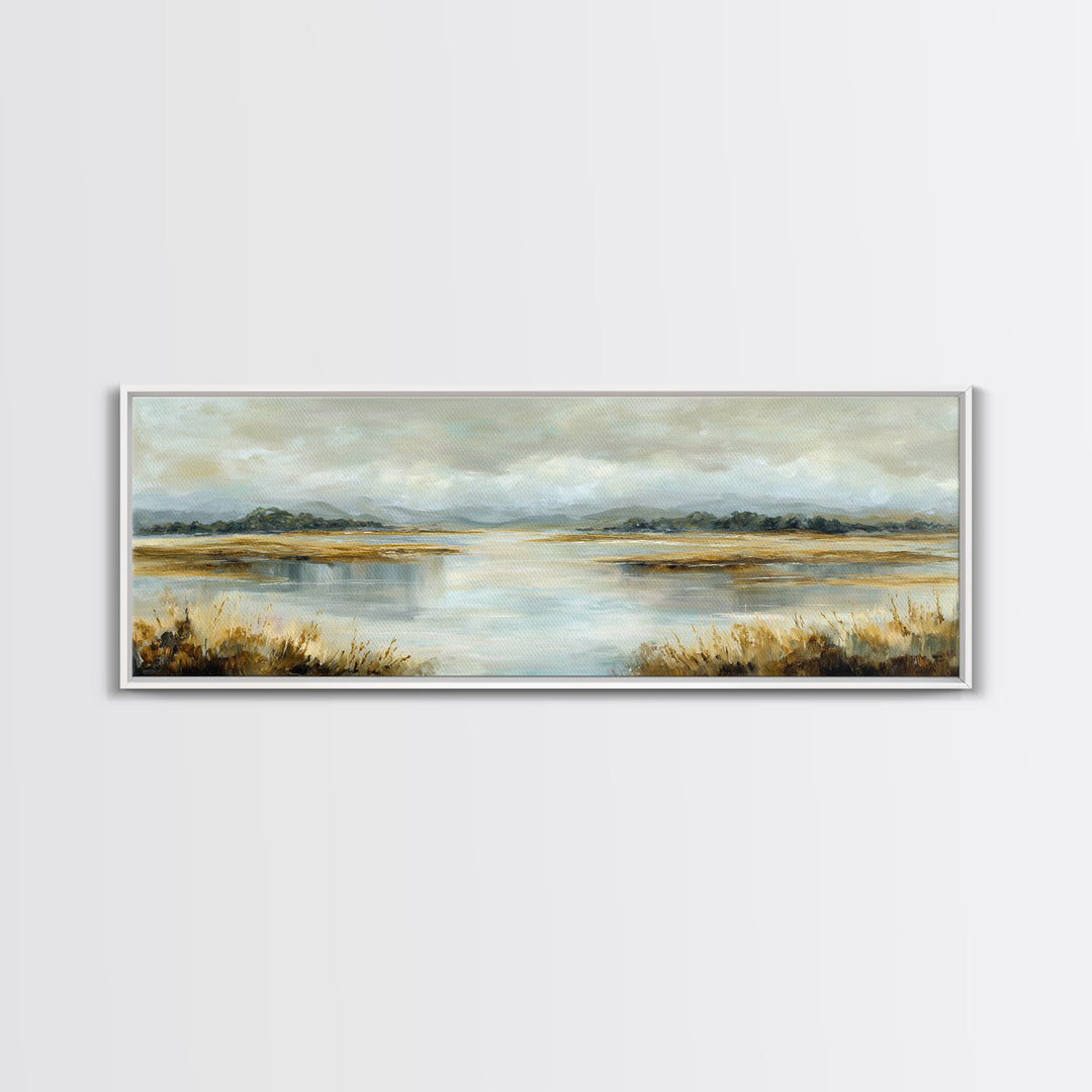 Serene Lake with Pale Morning Reflection Framed Canvas Print, Master Bedroom, Room Decor, Bedroom Decor, Fine Art, Sanctuary, MAS-3x1-23