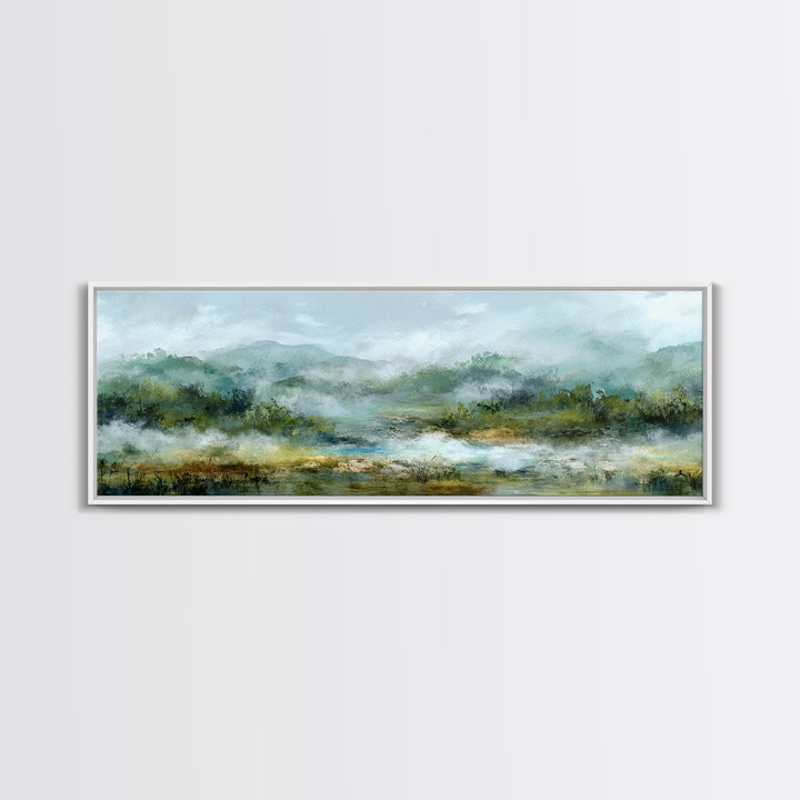 Peaceful Waterfall in Misty Green Forest Canvas Print, Master Bedroom, Minimalist Decor, Bedroom Decor, Oil Painting, Sanctuary, MAS-3x1-35