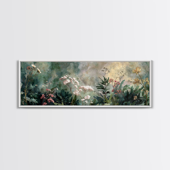 Dreamy Celestial Moon and Botanical Composition Framed Canvas Print, Master Bedroom, Bedroom Decor, Oil Painting, Sanctuary, MAS-3x1-51