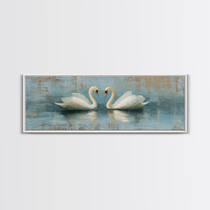 Romantic Swan Pair on Dark Water Framed Canvas Print, Master Bedroom, Art Print, Bedroom Decor, Sanctuary, Above Bed Decor, MAS-3x1-55
