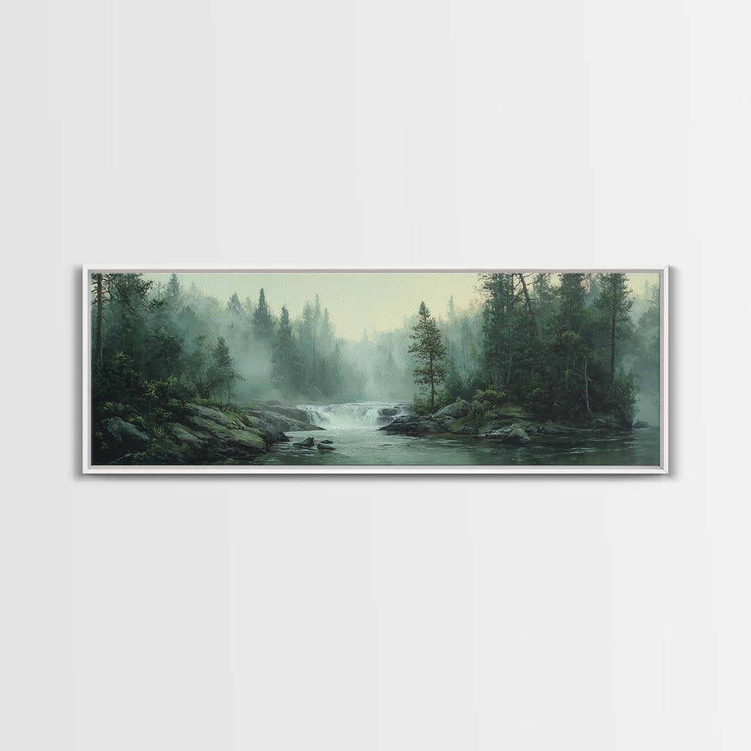 Peaceful Waterfall in Misty Green Forest Framed Canvas Print, Master Bedroom, Printable Wall Art, Bedroom Decor, Sanctuary, MAS-3x1-59