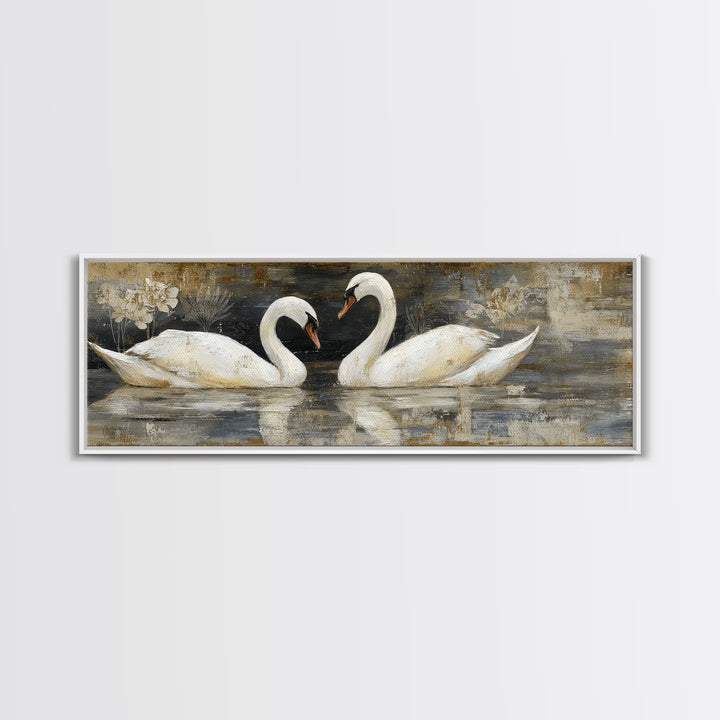 Romantic Swan Pair on Dark Water Framed Canvas Print, Master Bedroom, Statement Artwork, Bedroom Decor, Fine Art, Sanctuary, MAS-3x1-7