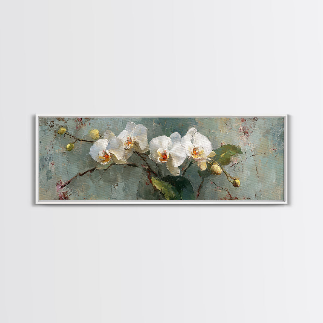 White Orchids Against Warm Gray Background Framed Canvas Print, Master Bedroom, Neutral Decor, Bedroom Decor, Sanctuary, MAS-3x1-73