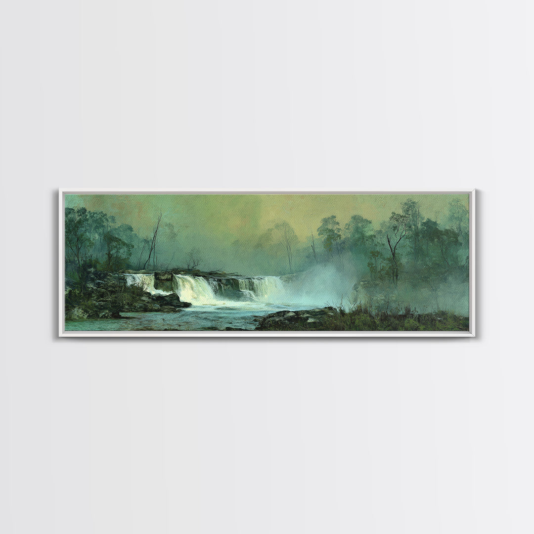 Peaceful Waterfall in Misty Green Forest Canvas Print, Master Bedroom, Printable Art, Bedroom Decor, Fine Art, Sanctuary, MAS-3x1-83