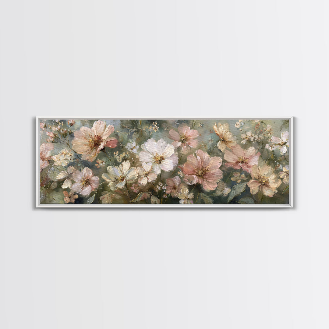 Night Garden with Pale Flowers and Stars Framed Canvas Print, Master Bedroom, Farmhouse Decor, Bedroom Decor, Sanctuary, MAS-3x1-87