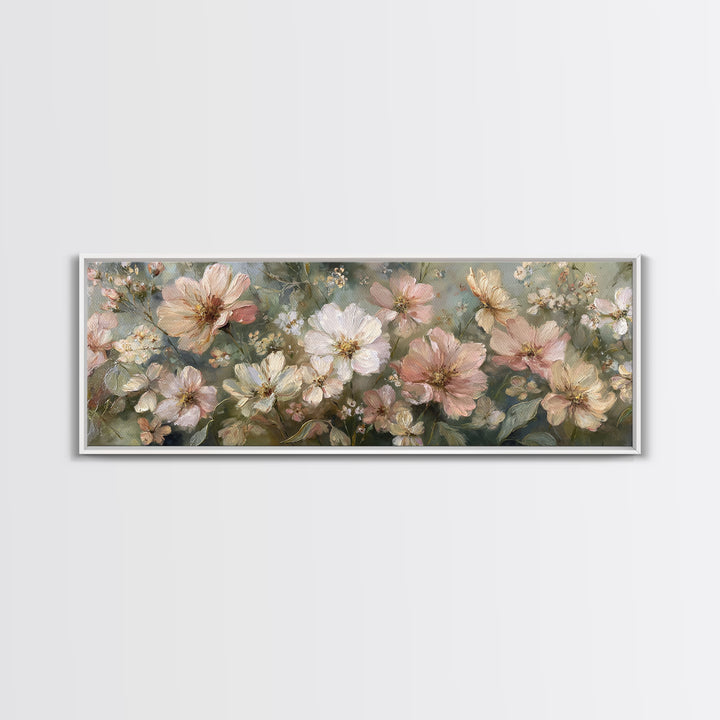 Night Garden with Pale Flowers and Stars Framed Canvas Print, Master Bedroom, Farmhouse Decor, Bedroom Decor, Sanctuary, MAS-3x1-87
