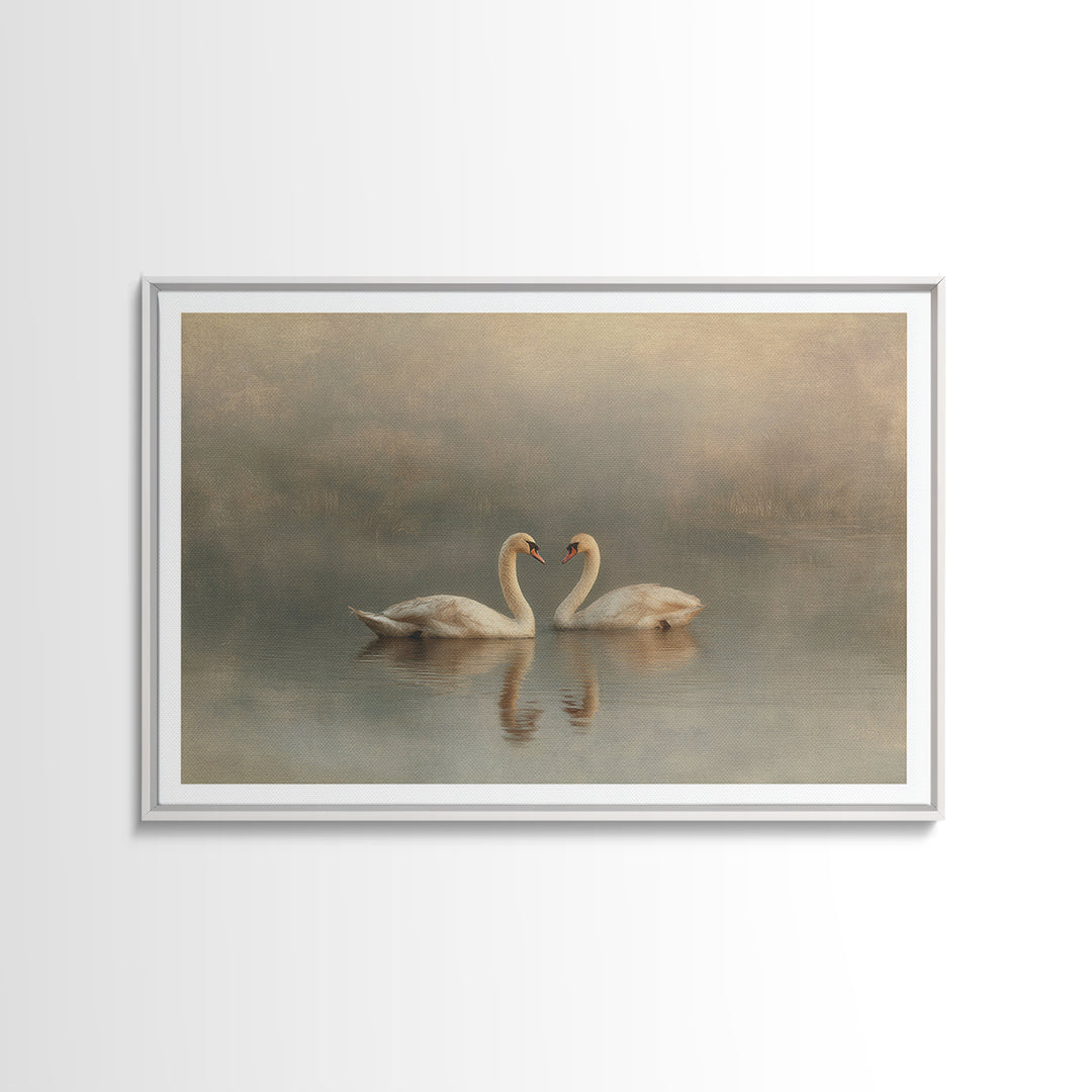 Romantic Swan Pair on Dark Water Framed Canvas Print, Master Bedroom, Statement Artwork, Bedroom Decor, Fine Art, Sanctuary, MAS-3x2-19