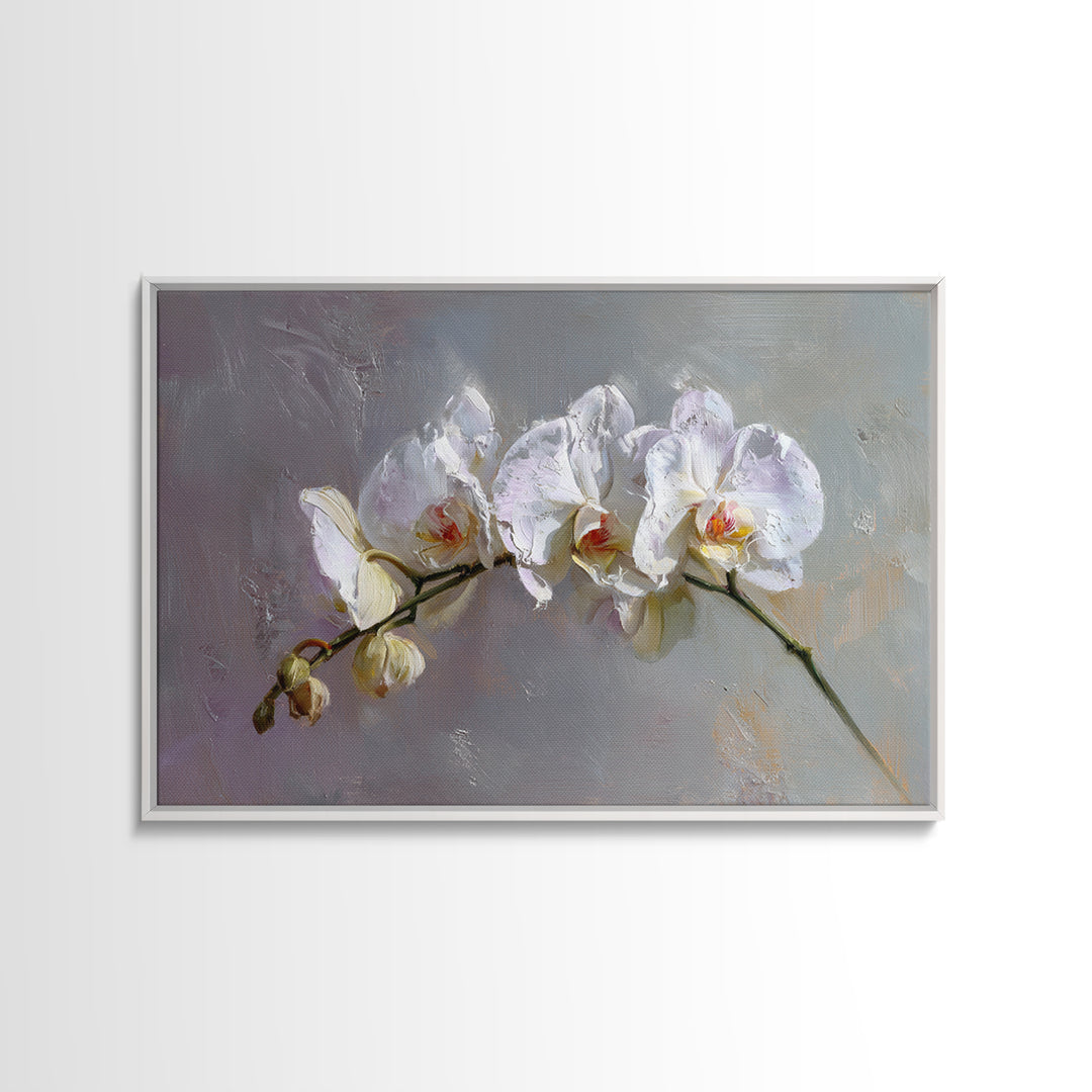 White Orchids Against Warm Gray Background Canvas Print, Master Bedroom, Over Bed Wall Art, Bedroom Decor, Oil Painting, MAS-3x2-37