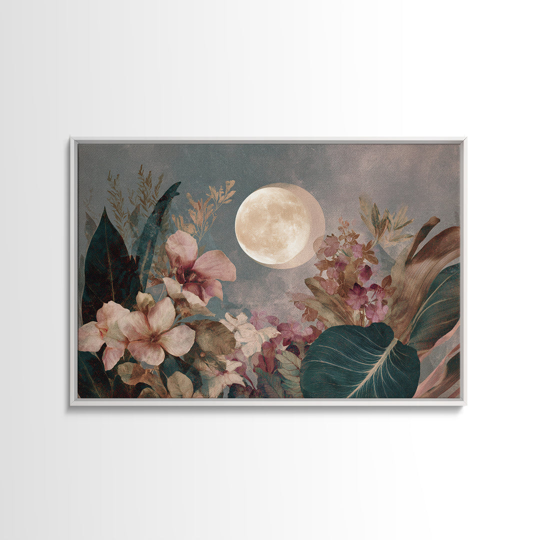 Dreamy Celestial Moon and Botanical Composition Canvas Print, Master Bedroom, Contemporary Art, Bedroom Decor, Sanctuary, MAS-3x2-39