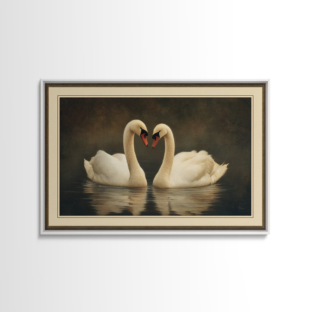 Romantic Swan Pair on Dark Water Canvas Print, Master Bedroom, Wall Decal, Bedroom Decor, Watercolor Art, Sanctuary, MAS-3x2-67