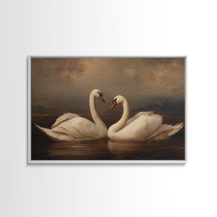 Romantic Swan Pair on Dark Water Framed Canvas Print, Master Bedroom, Farmhouse Wall Decor, Bedroom Decor, Oil Painting, MAS-3x2-91