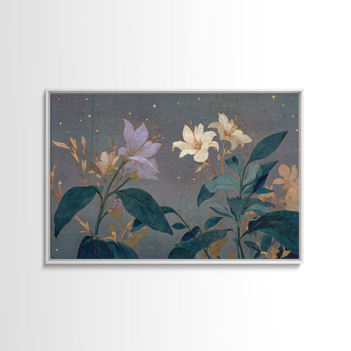 Night Garden with Pale Flowers and Stars Framed Canvas Print, Master Bedroom, Farmhouse Decor, Bedroom Decor, Sanctuary, MAS-3x2-99