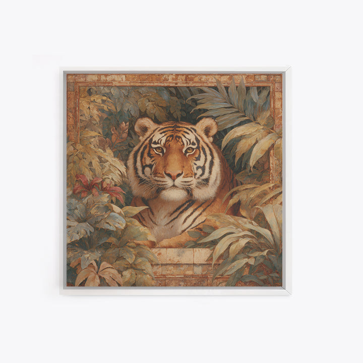 Bold Patterned Tiger Surrounded by Tropical Leaves Canvas Print, Maximalist Art, Moody Wall Art, Living Room Decor, Maximal, MAX-1x1-26
