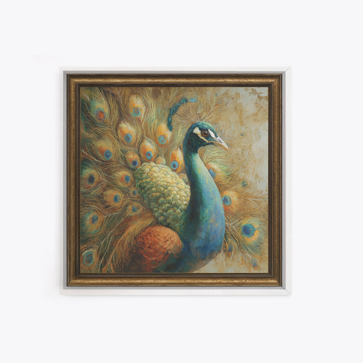 Dramatic Peacock with Oversized Feather Pattern Framed Canvas Print, Maximalist Art, Gallery Decor, Living Room Decor, Maximal, MAX-1x1-32