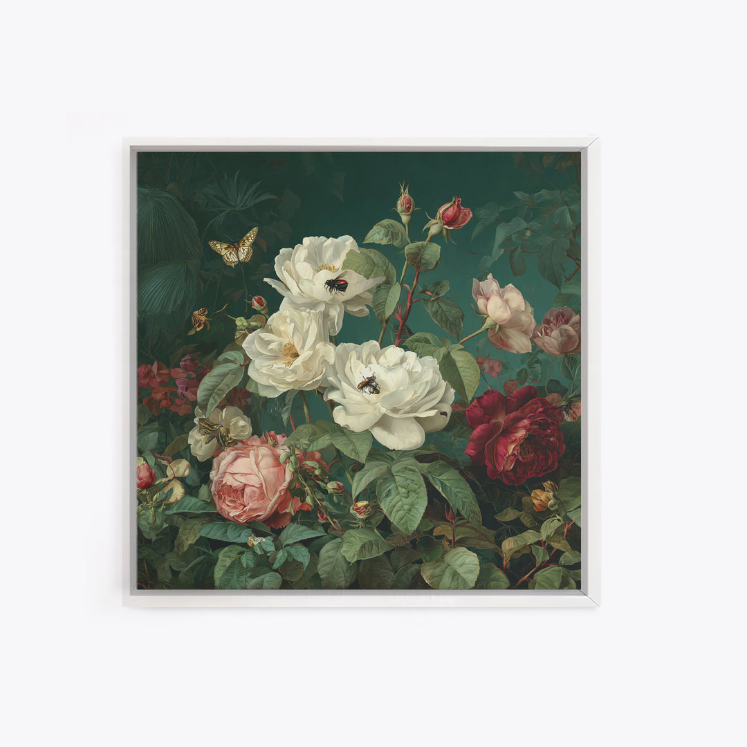 Lush Garden Wall of Roses Palms and Framed Canvas Print, Maximalist Art, Gallery Decor, Living Room Decor, Fine Art, Maximal, MAX-1x1-38