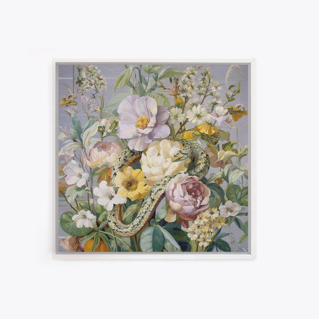 Highly Patterned Snake and Flower Composition Framed Canvas Print, Maximalist Art, Boho Decor, Living Room Decor, Maximal, MAX-1x1-61