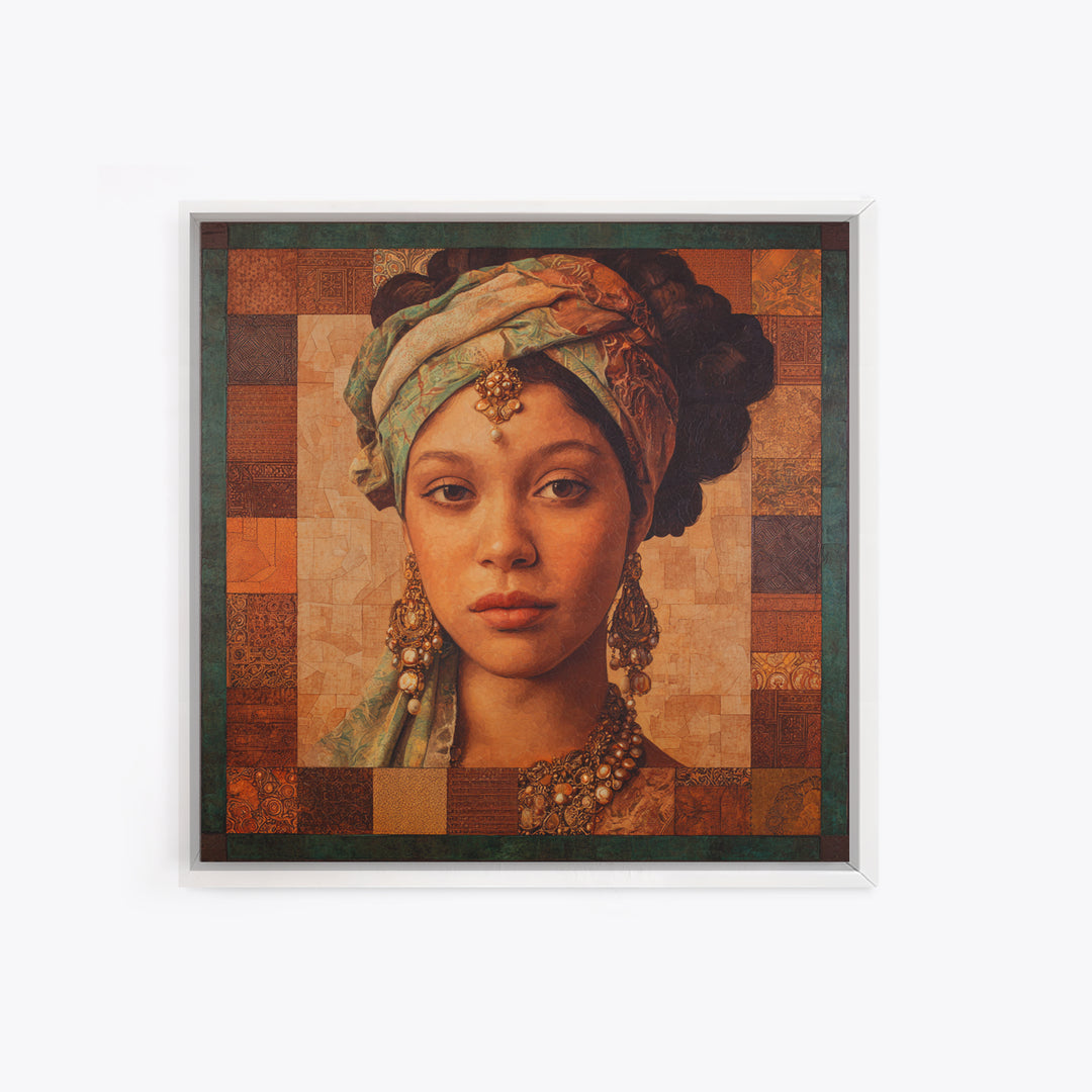 Ornate Portrait with Layered Textiles and Jewels Canvas Print, Maximalist Art, Retro Wall Art, Living Room Decor, Oil Painting, MAX-1x1-76