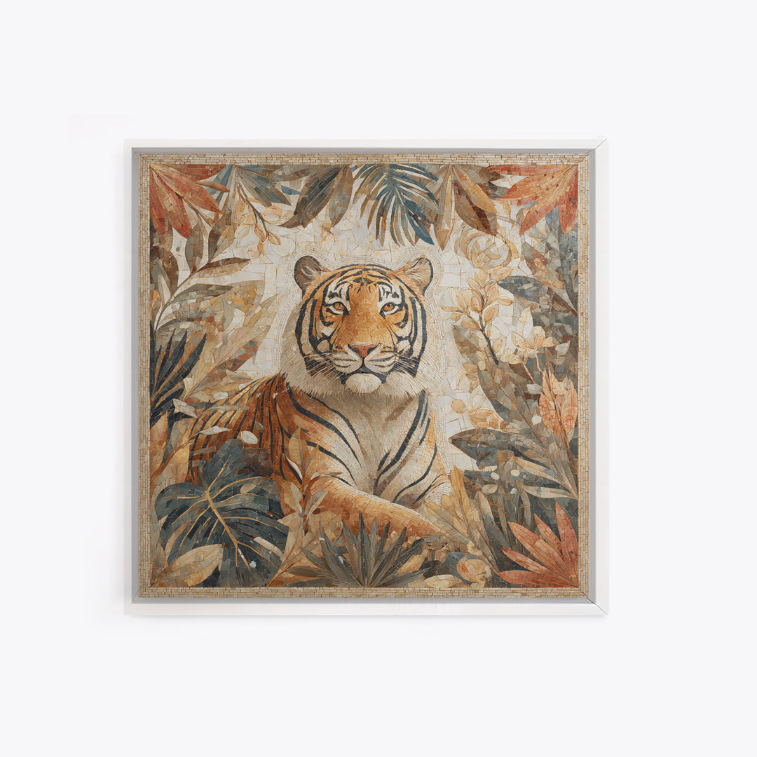 Bold Patterned Tiger Surrounded by Tropical Leaves Canvas Print, Maximalist Art, Textured Painting, Living Room Decor, Maximal, MAX-1x1-98