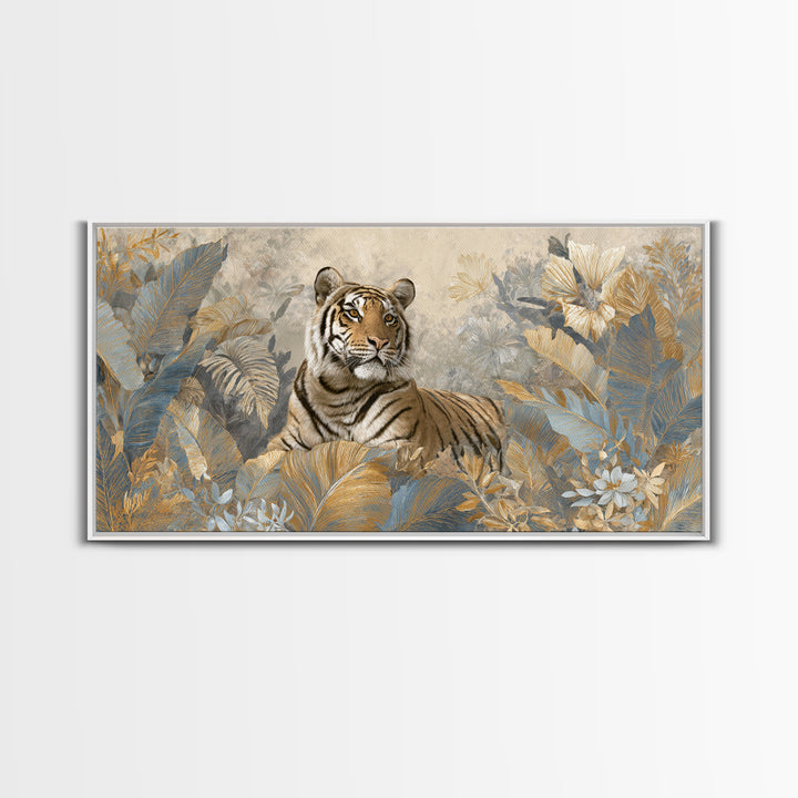 Bold Patterned Tiger Surrounded by Tropical Leaves Canvas Print, Maximalist Art, Textured Painting, Living Room Decor, Maximal, MAX-2x1-22