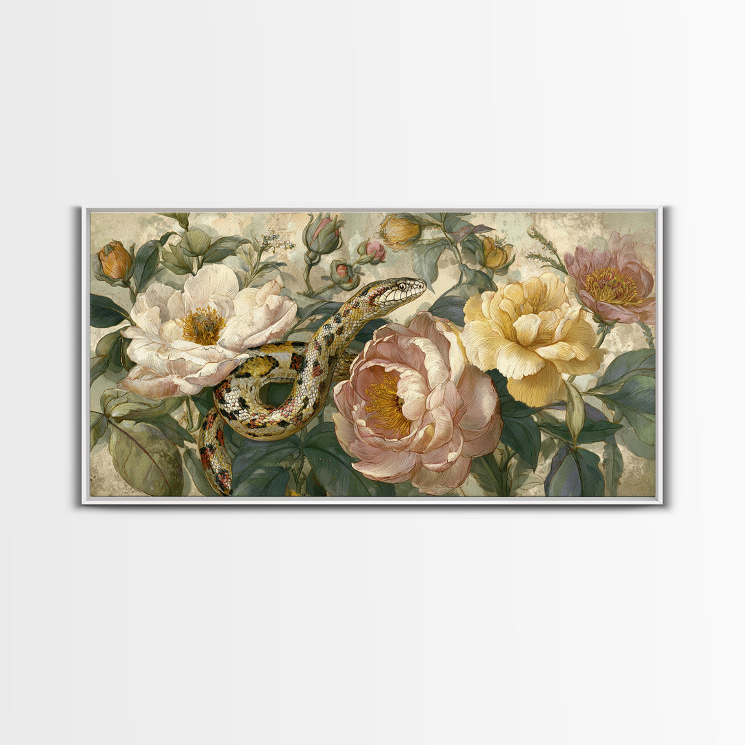 Highly Patterned Snake and Flower Composition Canvas Print, Maximalist Art, Living Room Decor, Maximal, Retro Wall Art, MAX-2x1-33