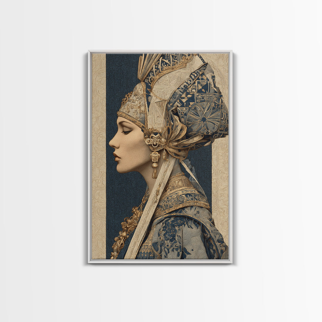 Ornate Portrait with Layered Textiles and Jewels Canvas Print, Maximalist Art, Printable Wall Art, Living Room Decor, Maximal, MAX-2x3-12