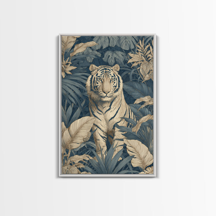 Bold Patterned Tiger Surrounded by Tropical Leaves Framed Canvas Print, Maximalist Art, Art Print, Living Room Decor, Maximal, MAX-2x3-34