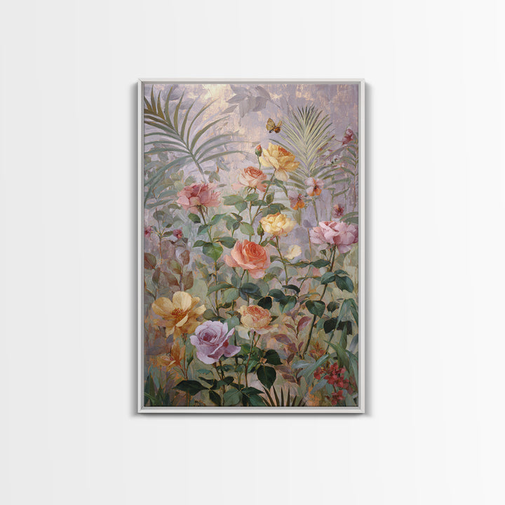 Lush Garden Wall of Roses Palms and Framed Canvas Print, Maximalist Art, Wall Decor, Living Room Decor, Fine Art, Maximal, MAX-2x3-46