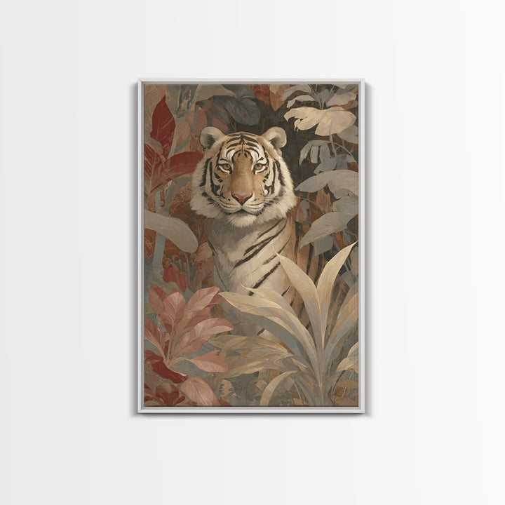 Bold Patterned Tiger Surrounded by Tropical Leaves Canvas Print, Maximalist Art, Art Nouveau, Living Room Decor, Maximal, MAX-2x3-58
