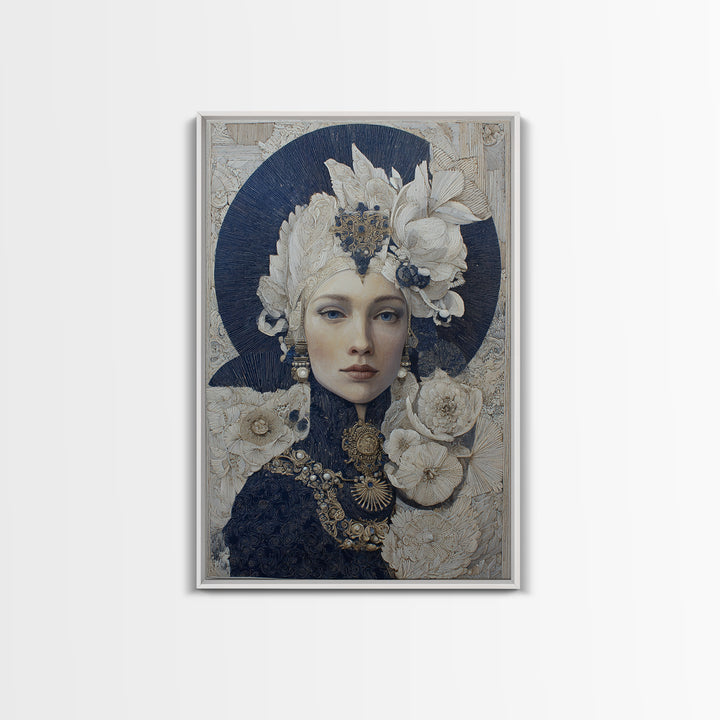 Ornate Portrait with Layered Textiles and Jewels Framed Canvas Print, Maximalist Art, Modern Decor, Living Room Decor, Maximal, MAX-2x3-84