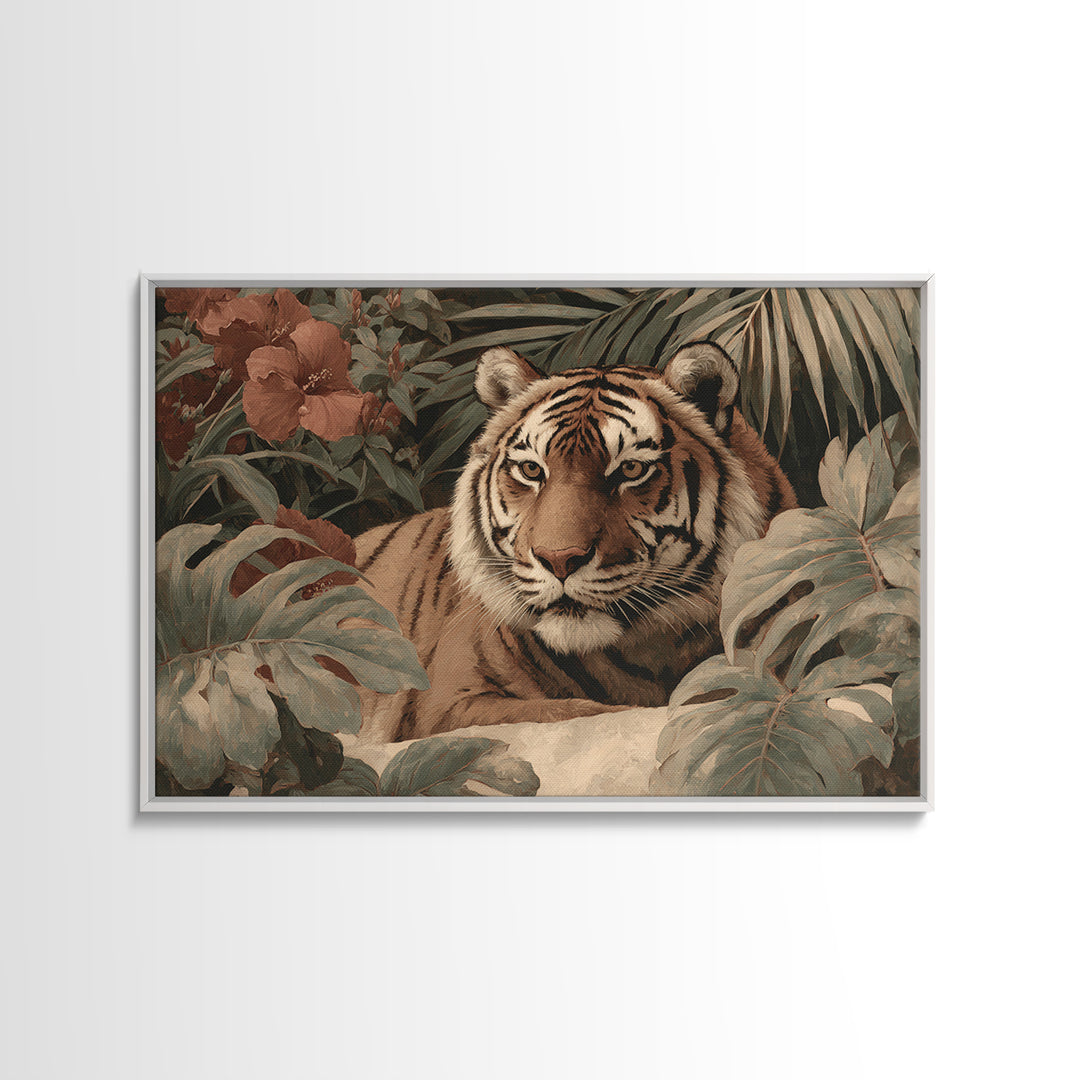 Bold Patterned Tiger Surrounded by Tropical Leaves Canvas Print, Maximalist Art, Modern Wall Art, Living Room Decor, Maximal, MAX-3x2-30